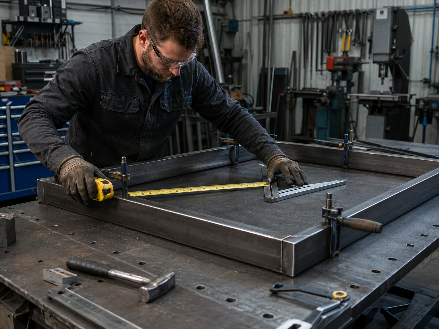 Fabricator measuring a custom steel frame